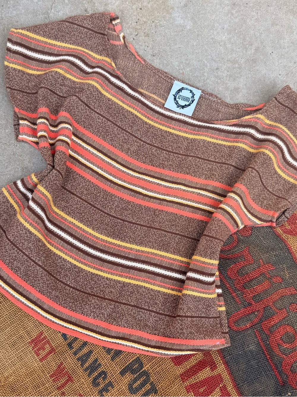 Handmade Striped woven Short-Sleeve Top in Brown and Coral